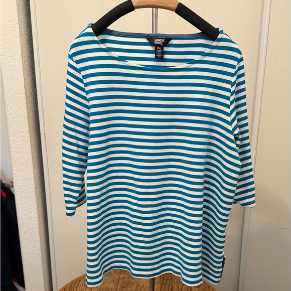 Lands' End Tops - Lands' End Women's Teal and White Striped Long Sleeve Top